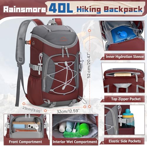 RAINSMORE Foldable Hiking Backpack for Women Men Packable Camping Backpack 40L Waterproof Hiking Daypack Bag Lightweight Collapsible Daypack for Travel Trekking Mountaineering Large Capacity Red - color: Dark Red and Grey