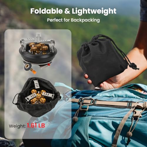 Portable Camping Stove with Propane Adapter - GEEKHOM 16000W Windproof Gas Stove Foldable Backpacking Stove, Piezo Ignition & Stable Pot Support for Outdoor Cooking Hiking