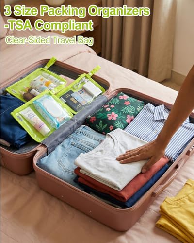 babygoal TSA Approved Lime Green Clear Travel Organizer Bags 3 Pack | Water Resistant Fabric, Dual Inner Pockets, Detachable Snap Handle, Secure Zipper Closure Storage Pouches - color: Fluorescent Green