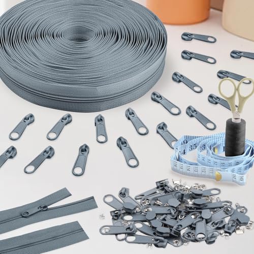 DOITEM 12 Yards Nylon Coil Zipper by The Yards, #3 Bulk Zippers for DIY Sewing Craft Bags with Replacement 25PCS Sliders (Grey, #3) - color: Grey, size: #3