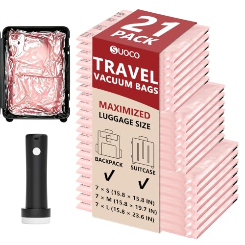 Travel Vacuum Bags for Clothing with Cordless Pump 21 Combo, Pink - color: Pink, size: 21 Combo