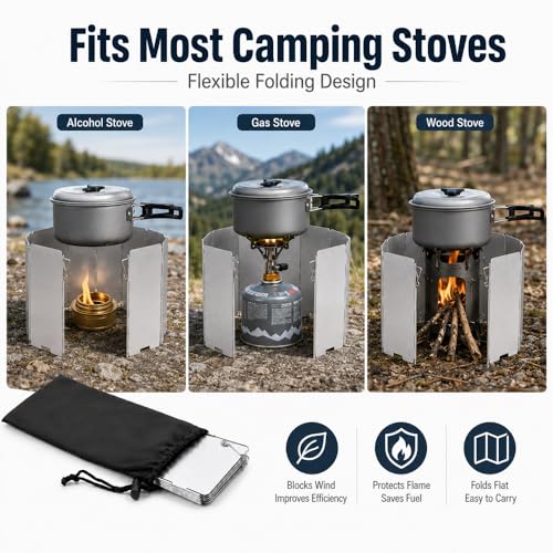16 Pack Aluminum Camping Stove Windscreen, Foldable Lightweight Butane Burner Windshield with Storage Bag, Portable Outdoor Grill Wind Shield for Hiking, Cooking, BBQ, Backpacking - size: 16 Plates