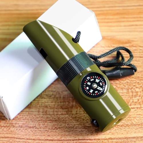 7-in-1 Survival Whistle, Emergency Multi-Tool Kit - Compass, Waterproof Sealed Container, Magnifying Lens, Signal Mirror, Flashlight, and Thermometer