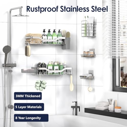 NESOMI Shower Caddy Adhesive Shower Organizer 7-Pack, Rustproof Stainless Steel Bathroom Shelves, Large Capacity No-Drill Rack Storage Accessories with Soap Dish Toothbrush Holder Hooks - color: Silver, size: 7-Piece Set
