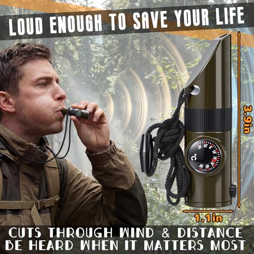Xuhal 4 Pack Emergency Survival Whistle Loud Safety Whistle 7-in-1 Multifunctional Outdoor Survival Tool with Compass Thermometer LED Light Magnifier for Hiking Camping Boating Kayaking and Rescue