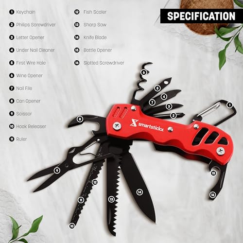 16 In 1 Multi tool Pocket Knife multitool Military Grade Steel: Swiss Style | Multi Functional Small Folding Knife with Keychain, Easy to Carry, Wine/Bottle opener , scissors , saw screwdrivers - Red - color: Red