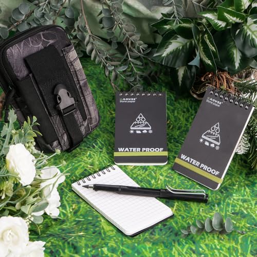 Waterproof Notebook set of 5，3 x 5 Stone Paper Pocket Notepads，Portable All Weather Notebooks for Indoor & Field Police Notepad w/3pcs Small Spiral Note book, Pen & Storage Bag (5pcs, Black) - size: 5Pack