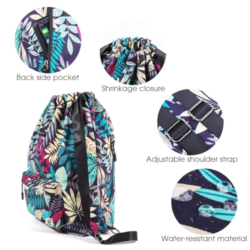 Waterproof Drawstring Bag, Gym Bag Sackpack Sports Beach Backpack for Men Women - color: 02-blue Leaves