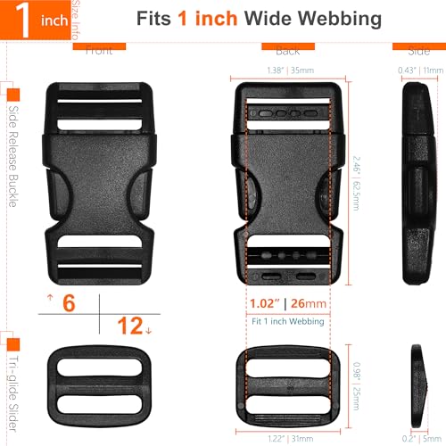 1" Straps and Buckles Set: 6 yard Nylon Webbing 1 inch (25 mm) Wide, 6 pack Side Release Buckle, 12 pcs Tri-Glide Sliders, Plastic Clip Quick Fastener Replacement Heavy Duty Dual Adjustable No Sew - size: 1" x 6 yd Strap + 6 pack Buckles