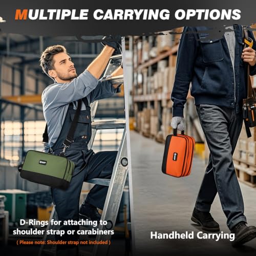 Tool Bag 2-Pack 12" 10", Divider Zipper Pouch, Small Tool Box Organizer | Waterproof, Heavy-duty Oxford, Smooth Zipper, Handle & D-Ring, Storage Case for Car Work Tool. Electrician Gift, Orange/Green - color: Orange/Green 2Pack, size: 12"x7"&10" x 6"