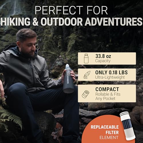 Bachgold Squeeze Collapsible Water Filter Bottle for Camping, Gray 33.8 Oz - color: Gray, size: 33.8 Oz
