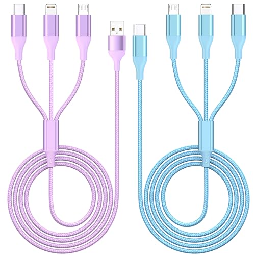 3 in 1 Multi Charging Cable for Multiple Devices Fast Charge cord 2Pack 4FT | Car Travel Essentials,MFI Certified Universal Phone Charger with Type C/Micro USB/IP for iPhone17-5 iPad Android Purple/Blue - color: Purple/Blue-4ft