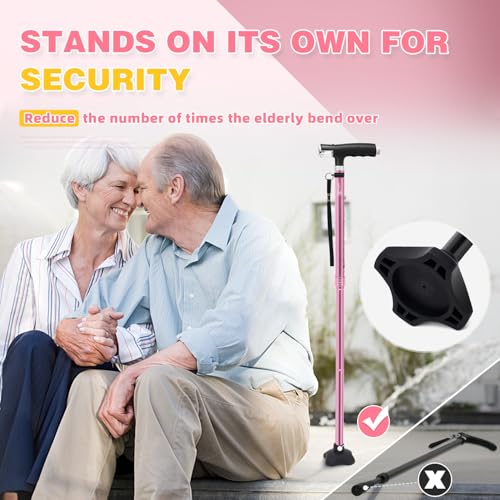 BeneCane Walking Cane for Women Folding Cane for Men with Two Led Lights Quad Cane with Stable Base Lightweight and Adjustable Walking Stick - color: Pink