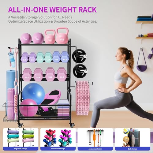 Home Gym Storage Rack for Dumbbells Kettlebells Yoga Equipment, Compact Design with Wheels, Adjustable Pegs, 350lbs Weight Capacity, 3-Layer Storage for Organize All Workout Gear - Black