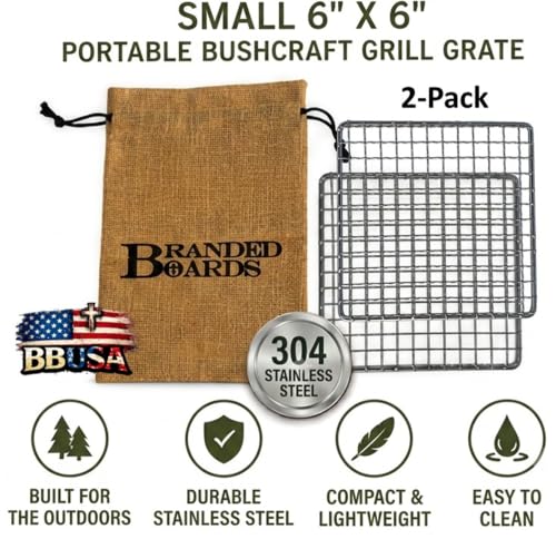 Portable Bushcraft Stainless BBQ Cooking Grill Grates & Burlap Hemp Drawstring Bag. Camping, Campfires, Backpacking, Hunting & Fishing. (Two Small Grills + Bag) - size: Two Small Grills + Bag