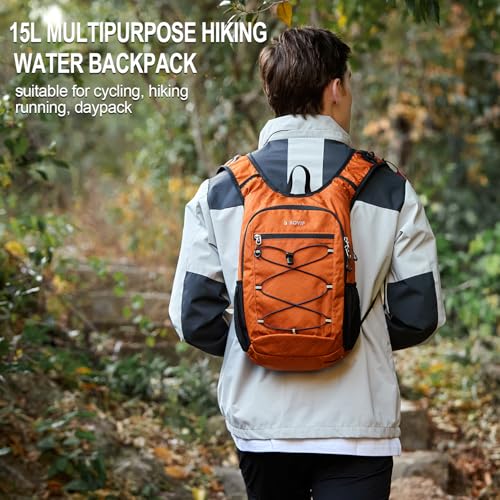 BOVIP Lightweight Hydration Back,15L Multipurpose Hiking Backpack with 1.5L Water Bladder ,Hydro Water Daypack for Cycling Hiking Rave for Men Women - size: Orange
