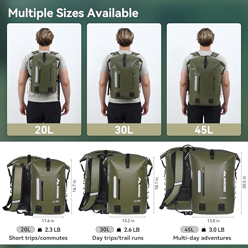 MARCHWAY Roll Top Waterproof Backpack, Floating Dry Bag 20L/30L/45L with Ergonomic Rectangular Base, Cushioned Back, Hip Strap for Hiking Camping Kayaking Travel (Army Green, 20L) - color: Army Green, size: 20L