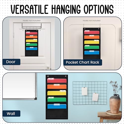 Essex Wares - 5 Pocket File Folder Pocket Chart, Black, 14" Wide x 24" Tall | Versatile Wall Hanging File Folder Organizer for Classrooms, Offices, Home, and More - Wall Folder Organizer - size: 5 Pocket