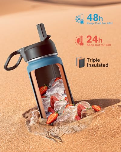 Coolflask 20 oz Insulated Water Bottle with Straw & 3 Leakproof Lids - color: Samurai Cyan, size: 20 Ounces