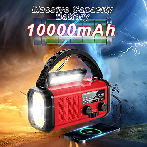 Emergency Weather Radio with NOAA,10000mAh Solar Hand Crank Radio,AM FM - color: Red 10000mAh