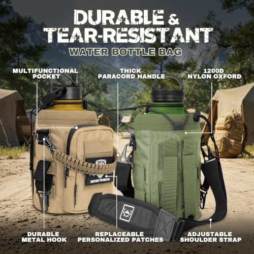 NATURE PIONEOR 64 oz Tactical Water Bottle with MOLLE Bottle Pouch & 3 Lids | 18/8 Food-grade Stainless Steel, Double Vacuum Insulation, 3 Leak-proof Lids, Handle, Strap, Camping, Hiking, Gym, Work - color: Green Black, size: 64 Ounces