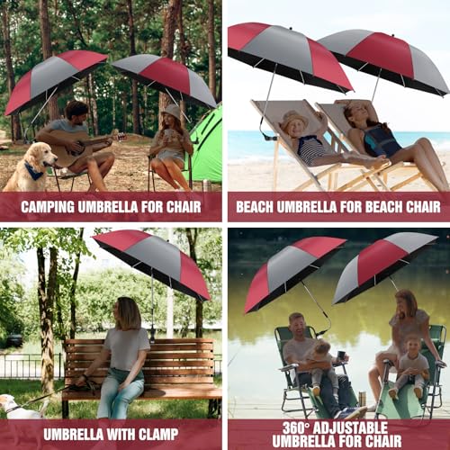 2 Pack Beach Umbrella with 360 Universal Clamp, UPF50+ Umbrella Outdoor Patio Sun Protection for Chairs, Beach &Patio Use (Not Include Chair) - color: Grey / Wine Red