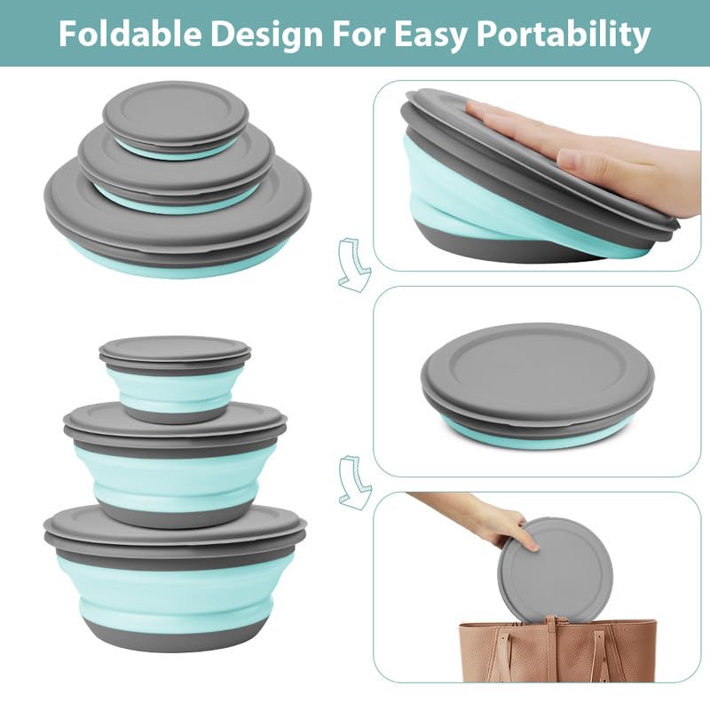 flintronic 3Pcs Collapsible Camping Bowl Sets, Portable Silicone Bowl with Lid, Folding Bowl, Portable Salad Bowl, Folding Lunch Box for Camping, Kitchen, Hiking