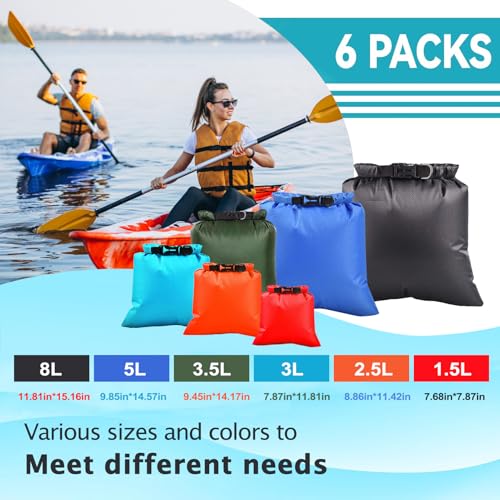 6PCS Dry Bags Waterproof, Roll Top Dry Sack Set for Kayaking | Roll-Top Waterproof Bags for Kayaking, Beach, Boating, Swimming, Camping, Hiking, Backpacking, and Travel