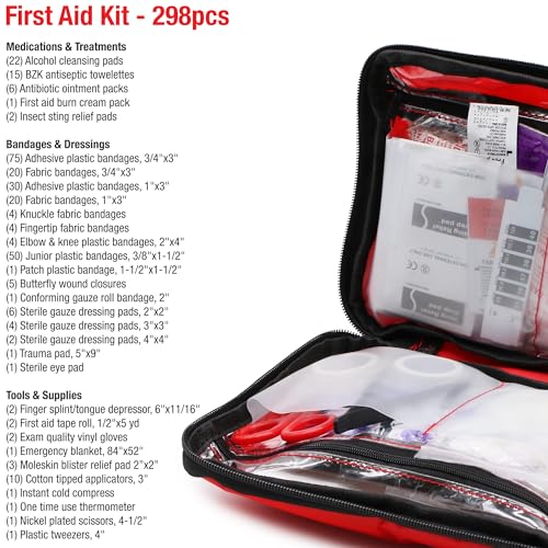 DMI 298-Piece Complete Emergency First Aid Kit, Treats Pain, Swelling, Cuts, Scrapes & Burns, Complete First Aid Guide Included, Clear Pocket Organization, Durable Zippered Travel Bag - size: 298 Piece