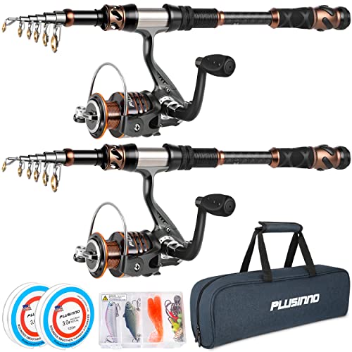 PLUSINNO Fishing Rod and Reel Combos - Carbon Fiber Telescopic Fishing Pole - Spinning Reel 12 +1 Shielded Bearings Stainless Steel BB - color: 2PACK Full Kit with Carrier Case, size: 1.8M 5.91FT