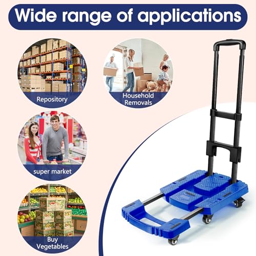 Voipvvii Folding Hand Truck 500lbs, Portable Heavy Duty Dolly Cart, 6 Wheels Collapsible Luggage Cart with 2 Elastic Ropes - Compact Trolley Cart for Easy Moving - Ideal Hand Cart for Travel and More - color: Blue