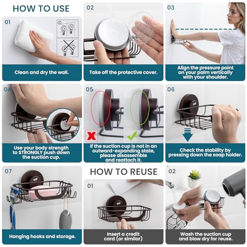 TAILI Soap Holder, Soap Dish Suction Cup with Hooks, Stainless Steel, Brown | Soap Dish for Shower, Bathroom Bar soap holder Shower Wall, Stainless Steel Sponge Holder for Tub Kitchen - color: Brown