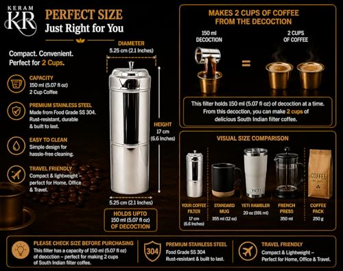 South indian filter coffee maker indian style 5.1 oz (150 ml) | KERAM indian coffee filter 304 stainless steel coffee dripper reusable phin filter decoction maker pour over alternative - size: 150 ml