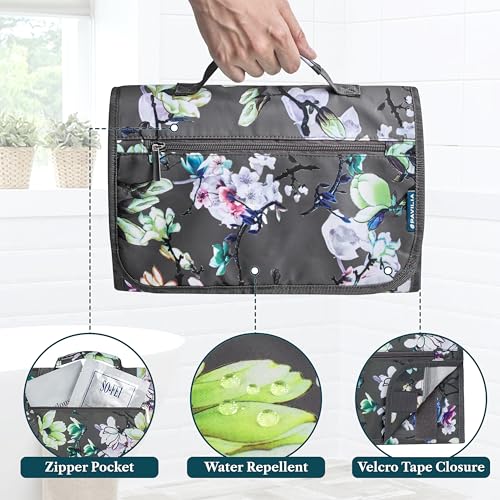 PAVILIA Hanging Toiletry Bag for Women Men Foldable Travel Organizer Floral - color: Grey Floral