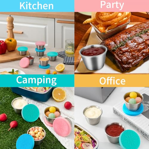 6-Pack 2.4oz Stainless Steel Dressing Container with Silicone Lid | Leakproof and Reusable Small Condiment Containers, Sauce Cups for Salad Dressing, Lunch Boxes & Meal Prep, Dishwasher Safe