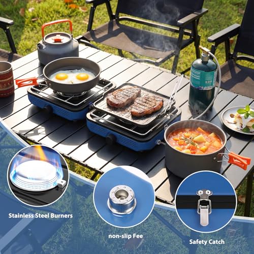 Hisencn Camping Stove 2 Burner Foldable Propane Camping Stove with Cookware - color: Blue