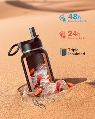 Coolflask 32 oz Water Bottle Insulated with Straw & 3 Leakproof Lids - color: Magic Black, size: 32 Ounces