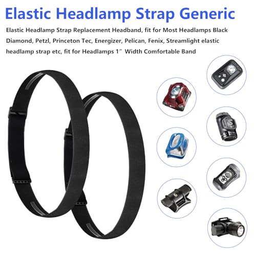 Elastic Headlamp Strap Replacement Headband, fit for Most Headlamps Black Diamond Petzl Princeton Tec Energizer Pelican Fenix Streamlight Headlamps 1”Width Comfortable Band - 2PACK