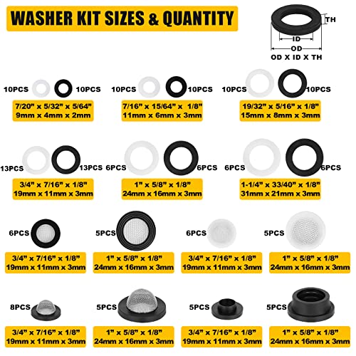 155 PCS Rubber & Silicone Hose Washers Kit, 20 Sizes with Screen Filter | Garden Hose Gaskets for Seals Repair & Shower Hose / Faucet / Shower Head, Hose Gaskets Set, Seal and Prevent Leakage - size: 155PCS