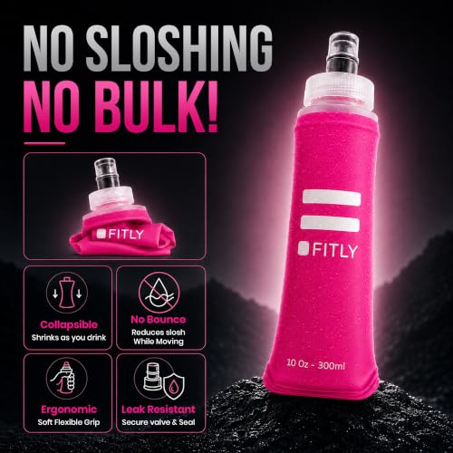 FITLY Soft Flask - Shrink As You Drink Soft Water Bottle for Hydration Pack - Folding Water Bottle Ideal for Running, Hiking, Cycling, Climbing & Rigorous Activity - color: Pink, size: 10 Ounces