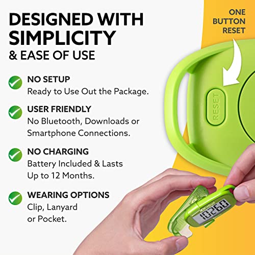 3DFitBud Simple Step Counter Walking 3D Pedometer by 3DActive with Clip, Lanyard Accurate Step Tracker Large Display, Easy to Use for Kids Men Women Adult Seniors Daily Step Tracking - A420S - color: Green