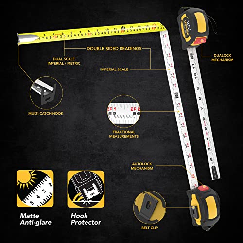 LEXIVON [4-Pack] 25Ft/7.5m Tape Measure, DuaLock & AutoLock | 1-Inch Wide Blade with Nylon Coating, Matte Finish White & Yellow Dual Sided Rule Print | Ft/Inch/Fractions/Metric (LX-204X2) - size: 4PK-25FT DuaLock & AutoLock