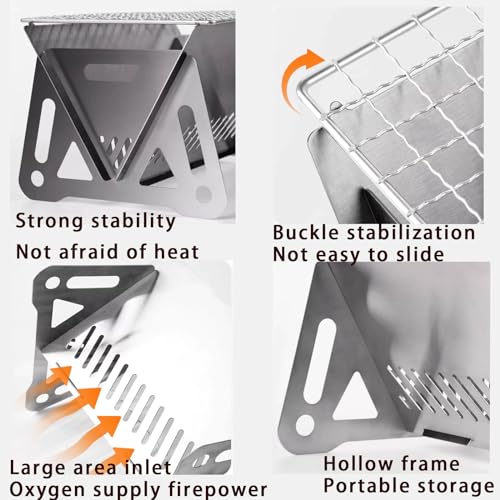 Outdoor Stainless Steel Camping Grill Folding Barbecue Grills Mini Portable Camping Grill with Bamboo chopsticks/Storage bag, Small Assemblable Removable BBQ Grill Tabletop Fire Pit for Camping Patio