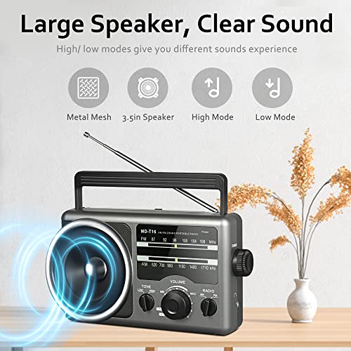 AM FM Portable Radio Battery Operated by 4X D Cell Batteries Or AC Power | Transistor Radio with and Big Speaker, Standard Earphone Jack, High/Low Tone Mode, Large Knob