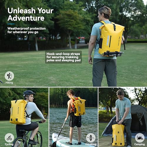 MARCHWAY Roll Top Waterproof Backpack, Floating Dry Bag 20L/30L/45L with Ergonomic Rectangular Base, Cushioned Back, Hip Strap for Hiking Camping Kayaking Travel (Yellow, 45L) - color: Yellow, size: 45L