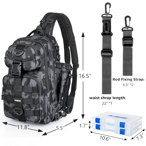 PLUSINNO Fishing Backpack, Fishing gear,Tackle Bag, Water-Resistant Bag with Rod Holder, Ideal Gifts for Men - color: Black Bag With 2 Boxes (No Rod)