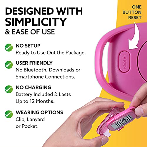 3DFitBud Simple Step Counter Walking 3D Pedometer by 3DActive with Clip, Lanyard Accurate Step Tracker Large Display, Easy to Use for Kids Men Women Adult Seniors Daily Step Tracking - A420S - color: Pink