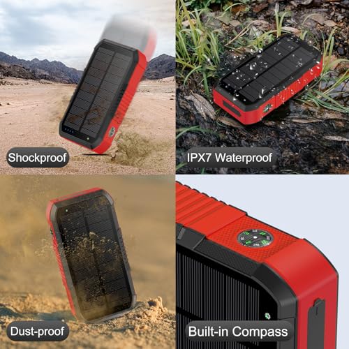 Solar Power Bank 66800mAh Built in Hand Crank for Camping and Hiking | Fast Charge,4 Built in Cable,5 Outputs & 3 Inputs Multi Device Charging,SOS/Flashlight/Compass,Waterproof - color: red