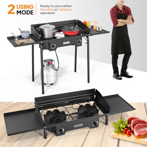 ROVSUN 2 Burner Outdoor Camping Stove with Wind Panel & Shelves, Heavy Sturdy Propane Burner, Gas Cooker with Detachable Legs & CSA Regulator for Home Camp Paito Cooking Frying Canning - style: 2-Burner (shelves)