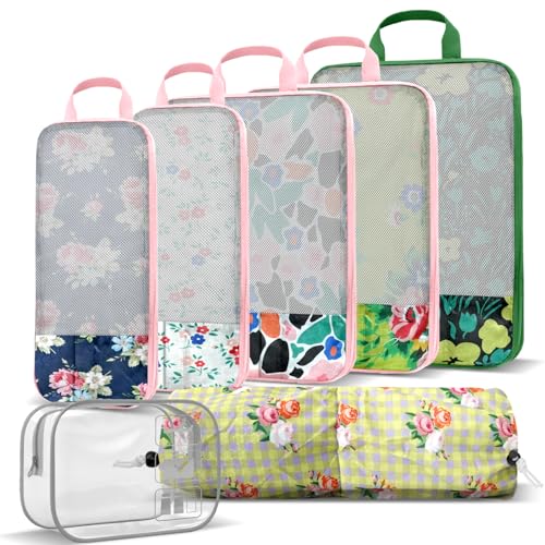 7 Piece Travel Compression Packing Cubes - Gingham Floral | Foldable Toiletry Kit, Efficient Suitcase Packing, Carry-On Compatible Travel Essentials with Lovely Flower Print, Green - color: Black-1
